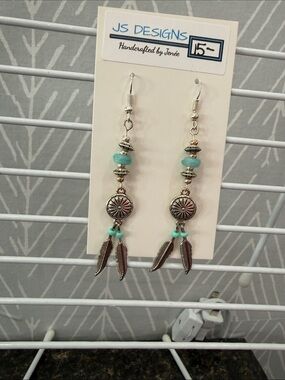 JS Designs Silver-Tone Feather Drop Earrings with Turquoise Beads